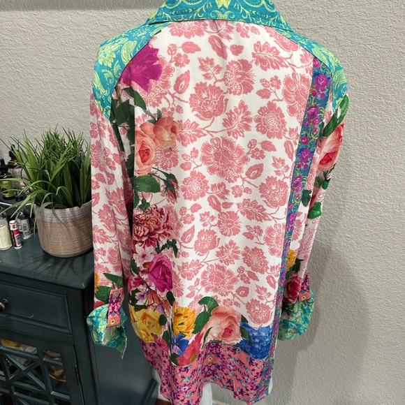 NWT John Mark Teal pink green artsy floral bohemian roll tab Shirt 1x - Picture 6 of 11